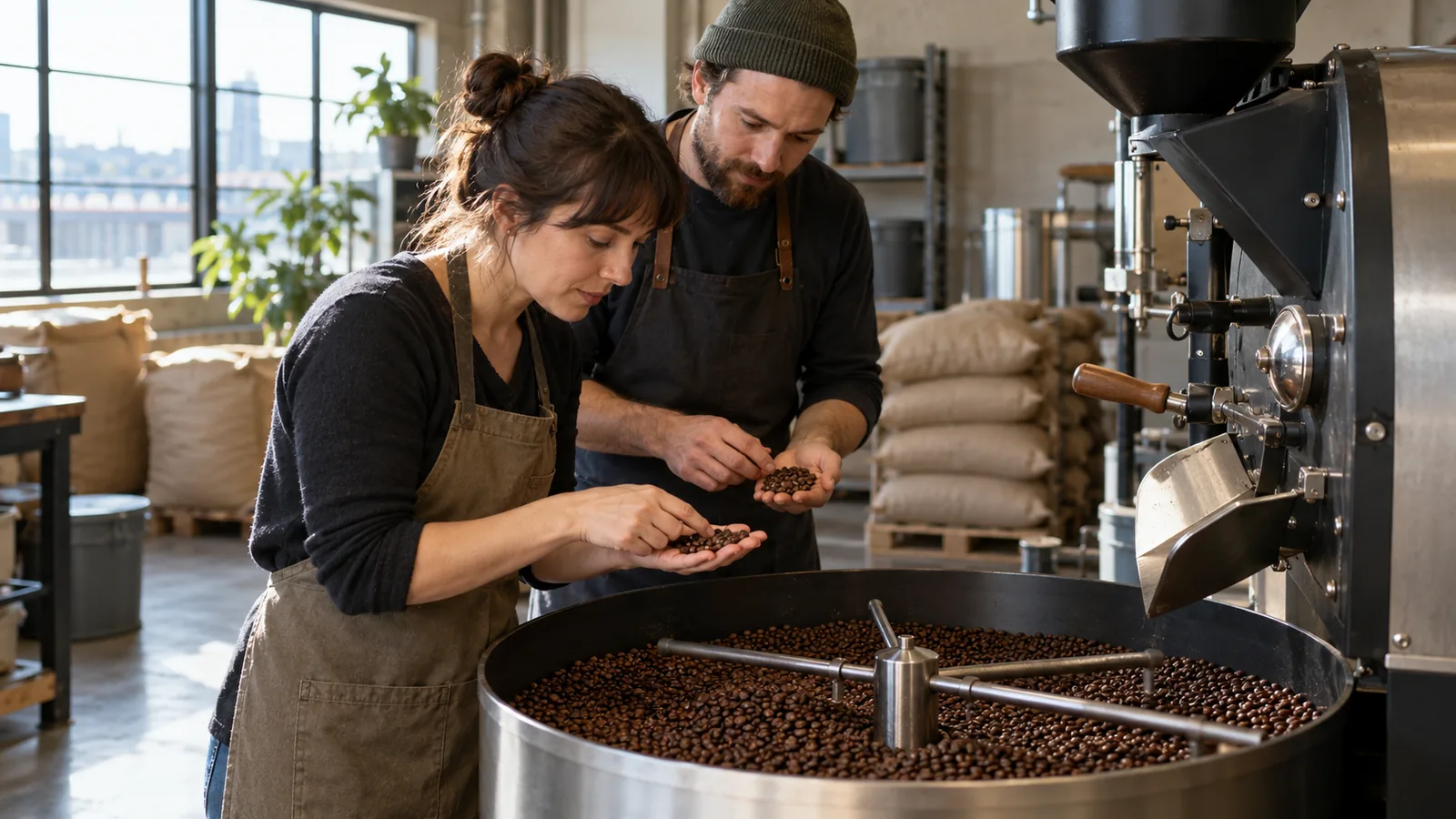 Two people inspecting roasted beans beside a commercial coffee roaster.