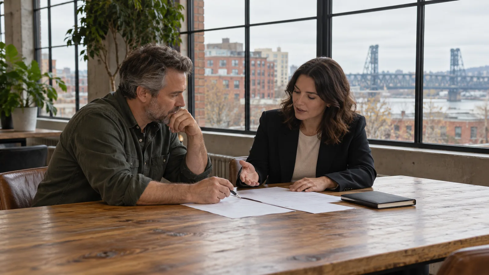 An owner and adviser reviewing papers at a table beside industrial windows.