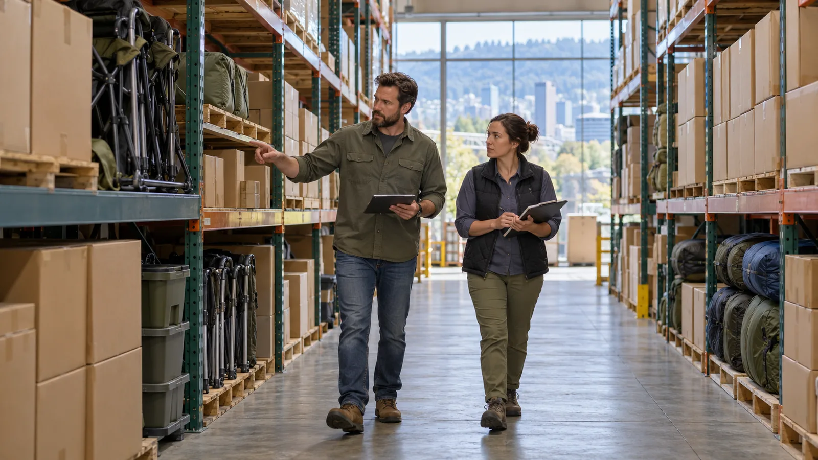 Two operations colleagues reviewing inventory in a wholesale warehouse.